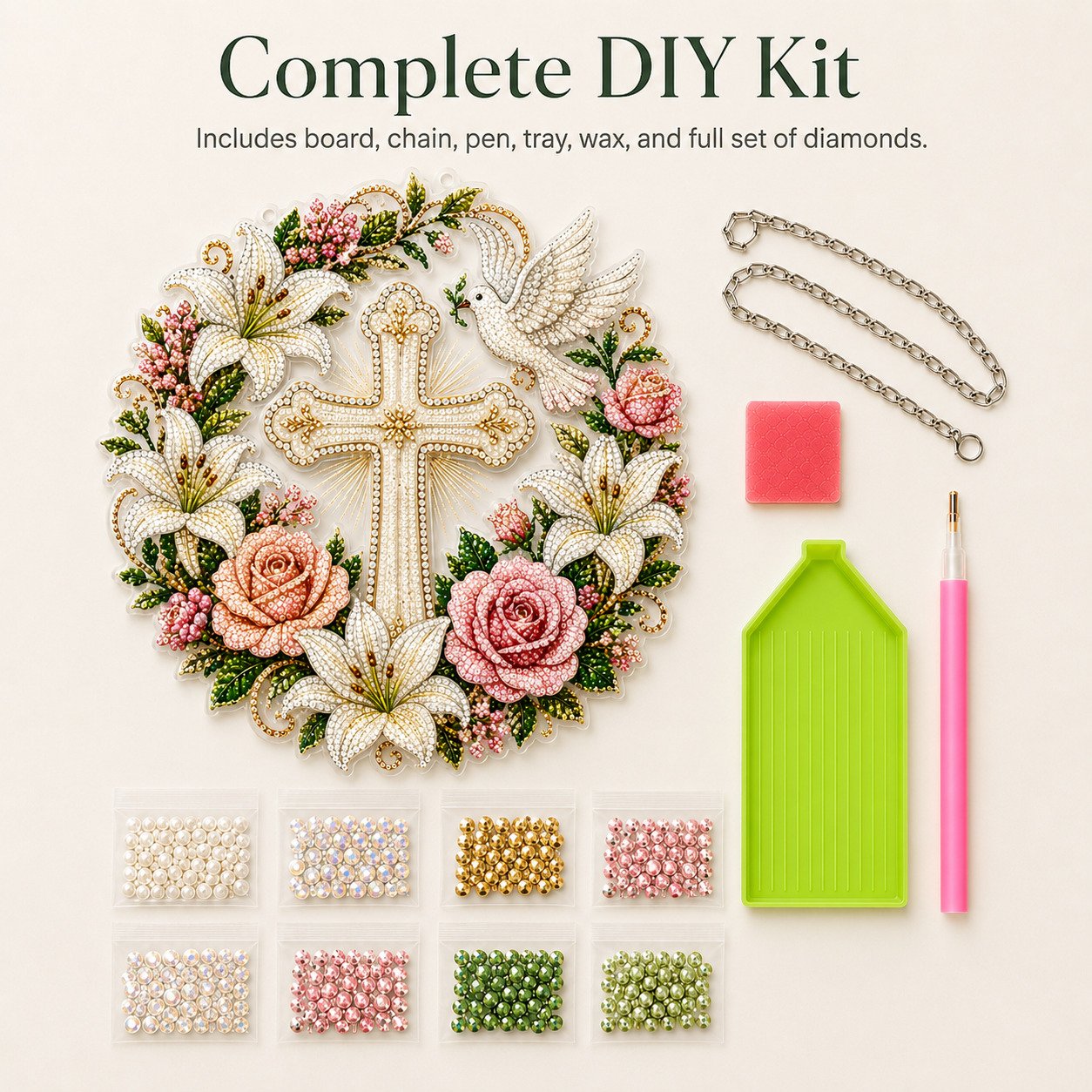 💐✝️ Cross, Flowers & Peace Dove Diamond Art Hanging Ornament Kit🌺