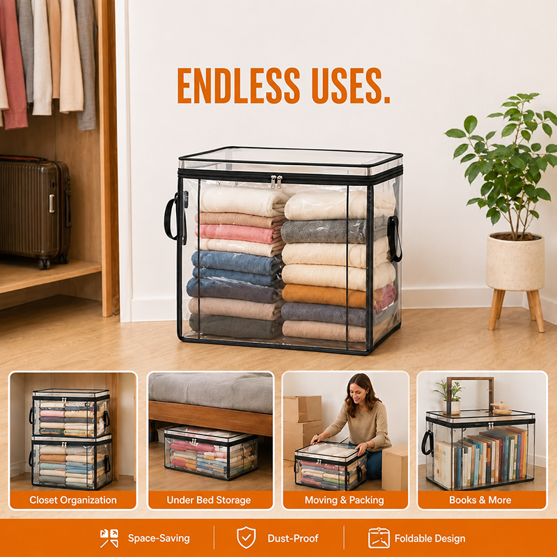 📦Portable Large Heavy-Duty Thick Plastic Clear Storage Box with Hinged Lid
